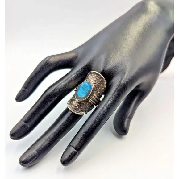 PTI India Sterling Silver 925 Labradorite Saddle Style Cocktail Ring Sz 7